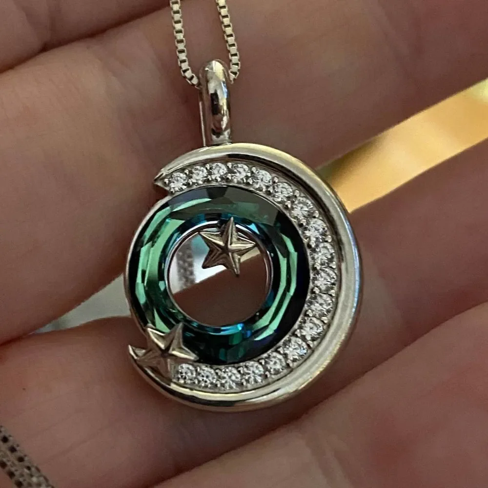 Moon & Star Blue Green Austrian Crystal Necklace